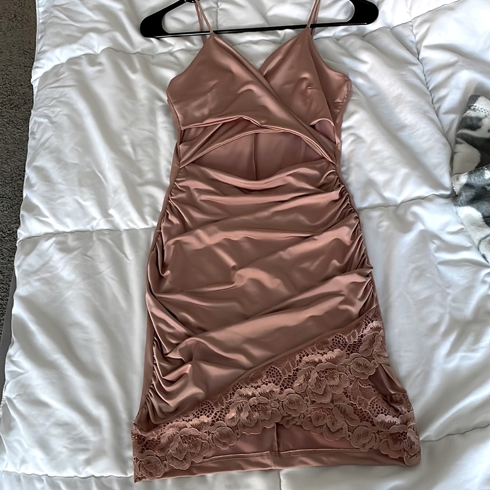 privy Satin Cutout Lace Trim Mini Dress in Dusty Rose